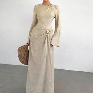 Veloura Elegant Cream Long-Sleeve Maxi Dress with Draped Detail Women’s Dress